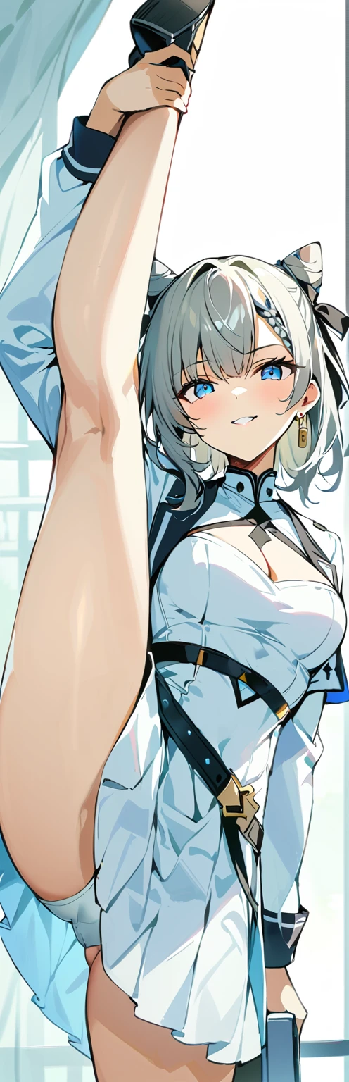 (masterpiece, best quality:1.2), 1girl, solo,standing_split, detailed background, score_9, score_8_up, source_アニメ, 1girl, solo, vestiadef, cone hair bun, braid, hair ribbon, white jacket, white dress, clothing cutout, cleavage cutout, long sleeves, earrings, holding gun, smirk,