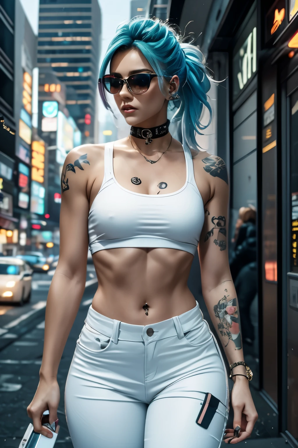 whole body, cyberpunk, woman with hair tied up with cyan tips, choker, croped, tatoo, super skinny, age 25, white outfit, holding a cell phone, influencer