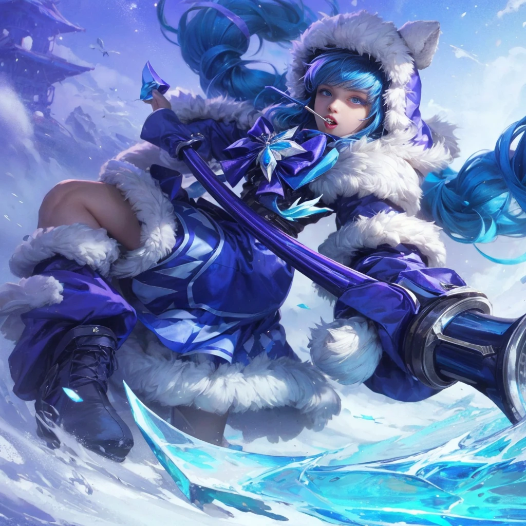 Realistic, High Quality. Russian girl, 1, very beautiful girl. Parka, hood, blue hair, extremely detailed hair. Blue eyes, glowing eyes, detailed eyes. Ribbon, blue and purple outfit. Gloves,holding spear with both hands. Scythe. her mouth is eating lollipop. 