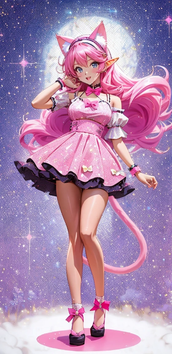 a girl with pink hair with musical note haire accessories and fake cat ears, cat ears head band, elf girl, cute girl wearing pink and blue  Anime, 4k, Beautiful woman ,Older woman, Toned physique, long hair , bard, songstress, musical, magical girl outfit, music notes hair accessories, full body, head to toe, blue and pink outfit, flowers  