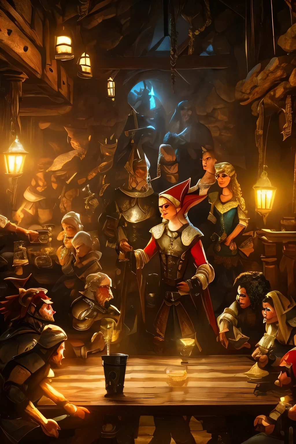 in a medieval tavern, a human girl, an elf man, an orc man, a dragon, and a halfling girl, bidding farewell,highly detailed, cinematic lighting, photorealistic, intricate details, warm color palette, dramatic shadows, moody atmosphere, fantasy art