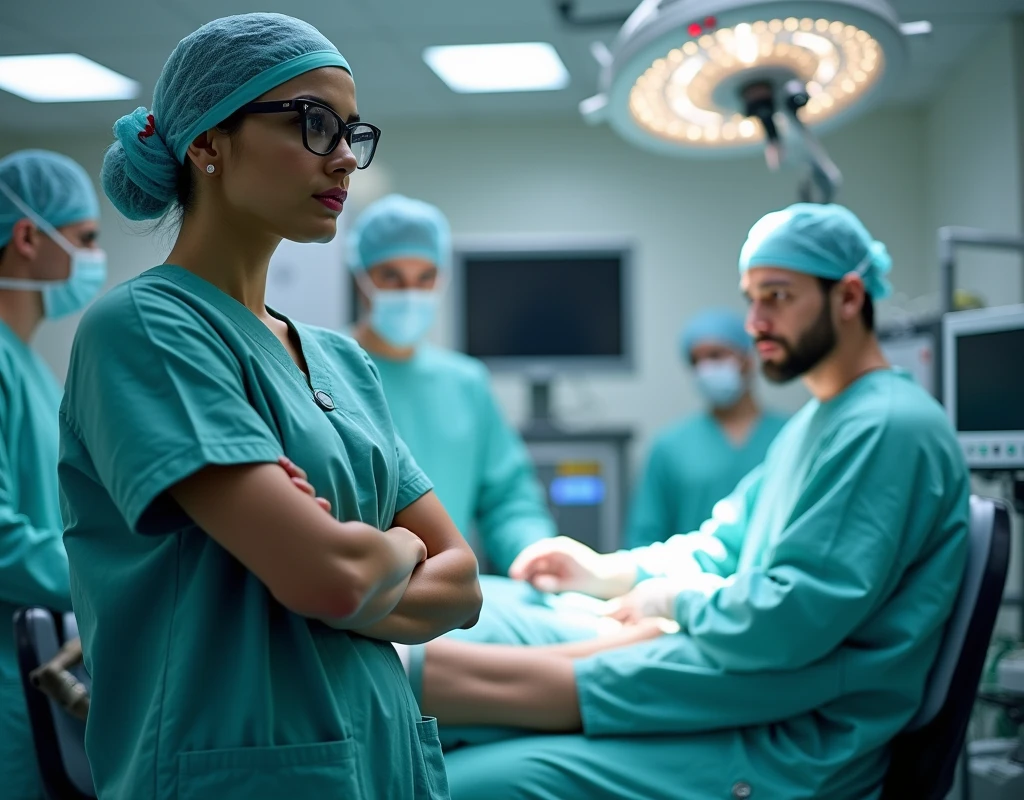 Priyanka Chopra wearing scrubs, wearing skull cap, wearing glasses, standing beside male patient in operation theatre, fullbody view, arms crossed, looking at front,