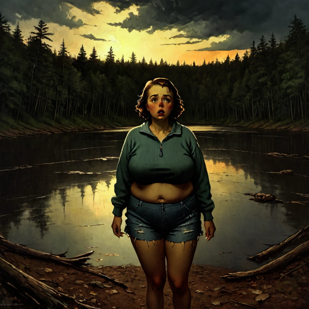(1 girl) (masterpiece, best quality) ((the chubby camp councilor is sad she wont see you until next year)) , , , (stormy dark sky, sunset, raining) (beautiful forest background)
((Melancholy emotions:1.4)), ((realistic oil painting)) art by norman Rockwell, ((heavy, huge, full chest)) (safe for work:1.3), (dynamic angle), (dynamic pose), () ((full body picture)) , sweater and short shorts, no bra, chubby girl