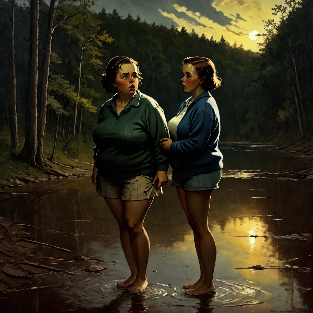 (1 girl) (masterpiece, best quality) ((the chubby camp councilor is sad she wont see you until next year)) , ,  , (stormy dark sky, sunset, raining) (beautiful forest background)
((Melancholy emotions:1.4)), ((realistic oil painting)) art by norman Rockwell, ((heavy, huge, full chest)) (safe for work:1.3), (dynamic angle), (dynamic pose), () ((full body picture)) , sweater and short shorts, no bra, chubby girl