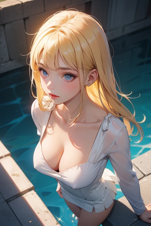 ((Best Quality)), ((masterpiece)), (Very detailed), 1 girl, with a white tight dress, miniskirt, neckline, big breasts,blonde, looking at the viewer, ((Whole body)),((front view)),((view from above))