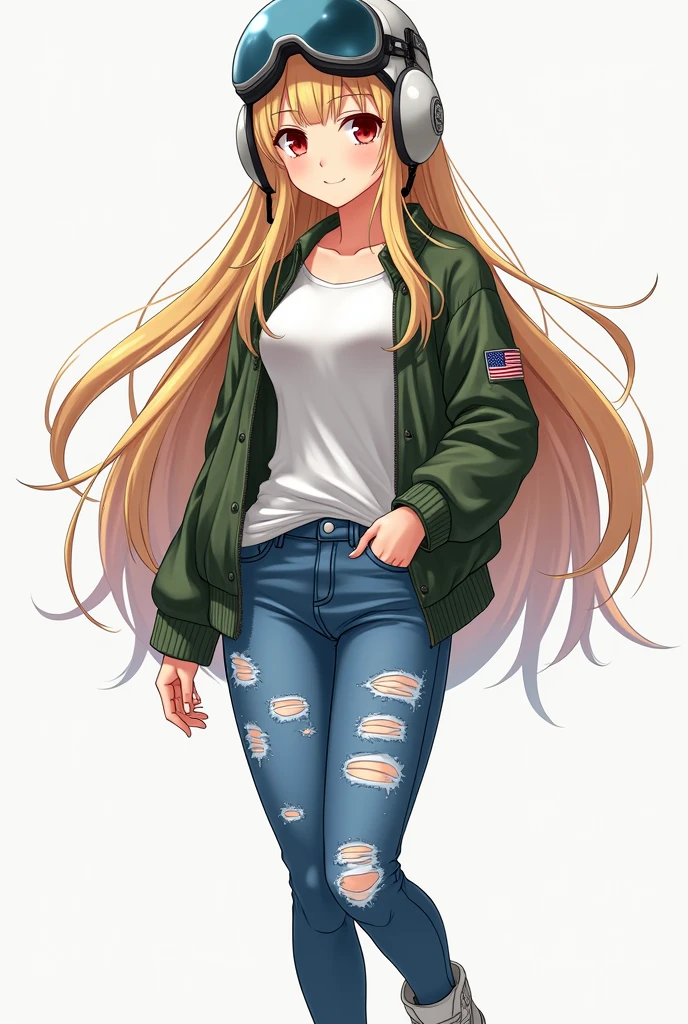 A beautiful Japanese anime girl with blonde  hair and smooth  pale  skin with red eyes  she has medium sized chest and wears a white shirt with  blue ripped jeans and white  Beige sneakers and had a green bomber jacket on  with a grey  us Air Force HGU-55 flight helmet 