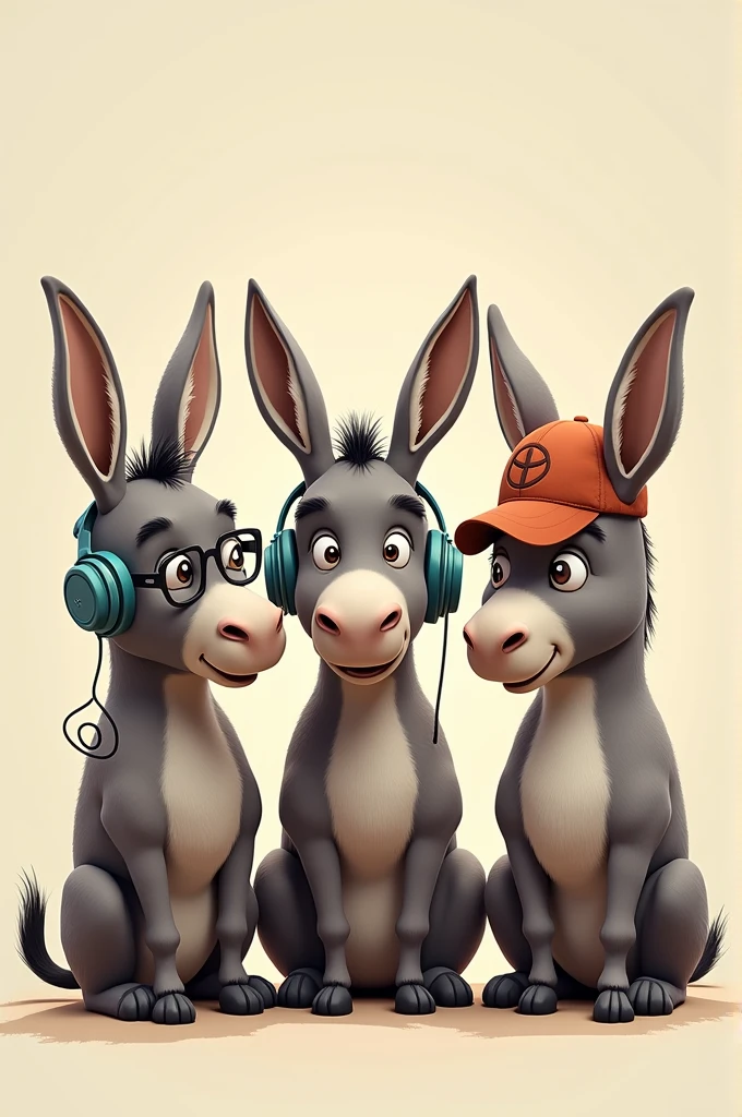 3 donkeys in a circle with headphones, glasses and a cap