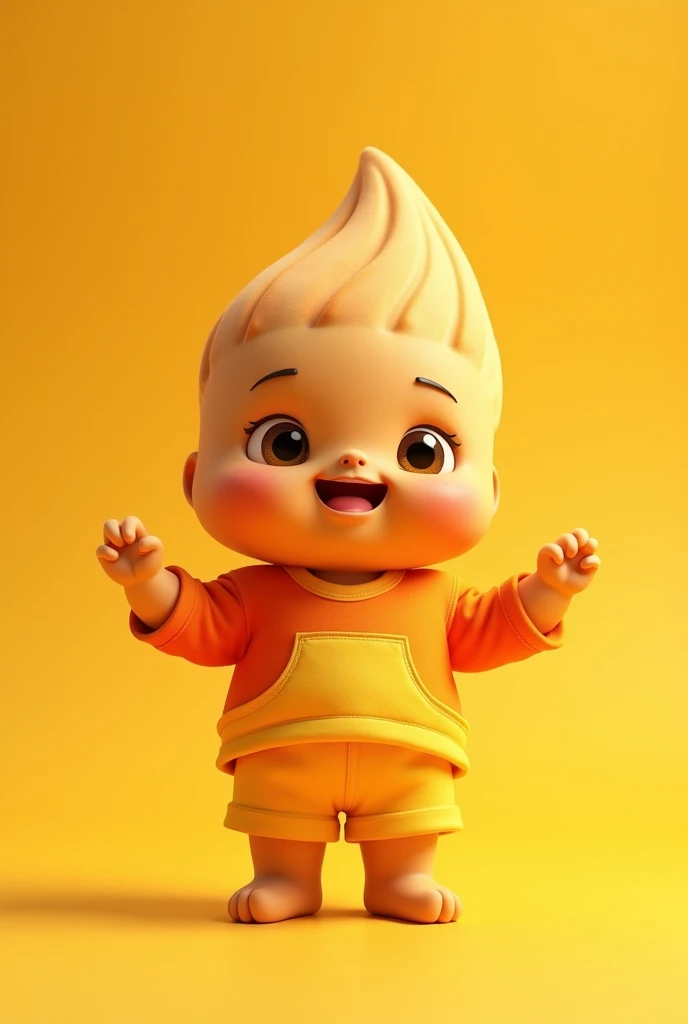 generates a churro that is tender and a little elongated, with eyes, hands and feet wearing an orange shirt with yellow gradient and yellow shorts, He is standing smiling and the background is a light orange