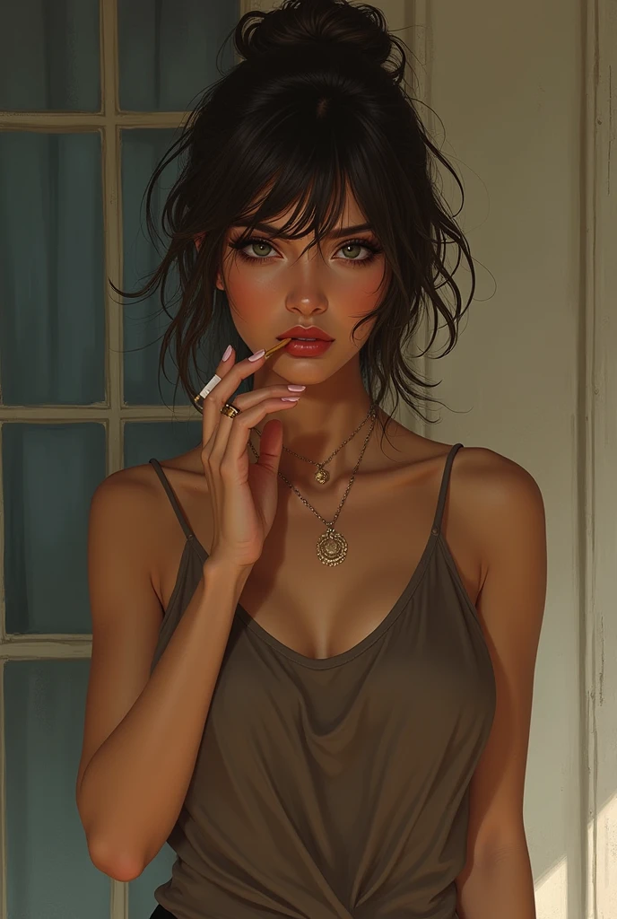 Create a sexy but careless female character who smokes and has a somewhat lazy way of dressing., in draw