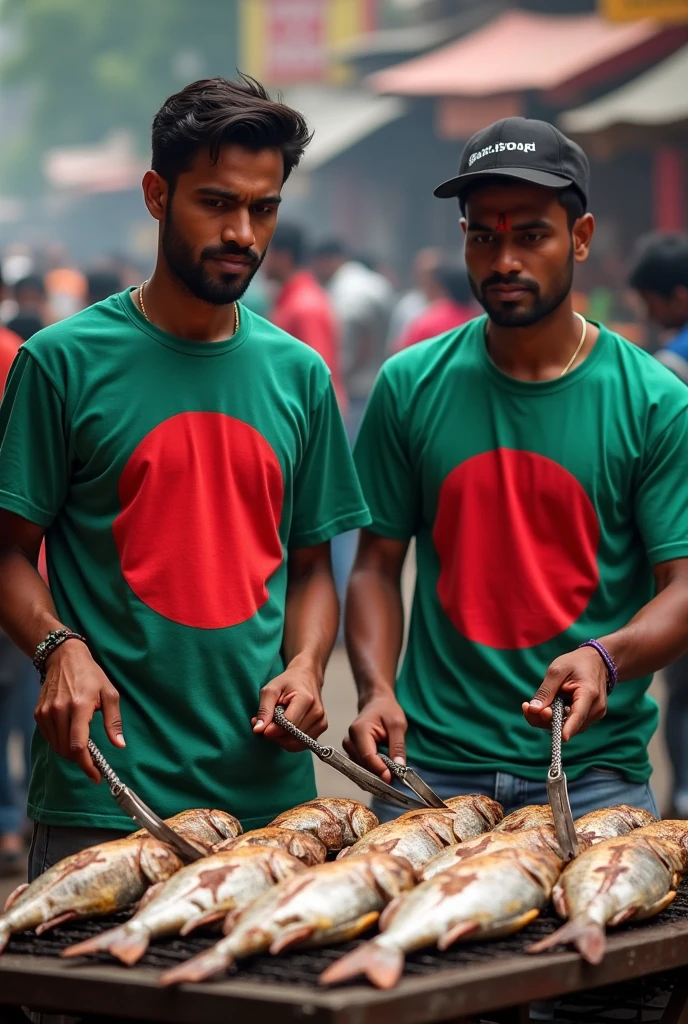 Two Bengalis with Bangladesh flag shirt with text poatesh and soura grilling fish in Kolkata 