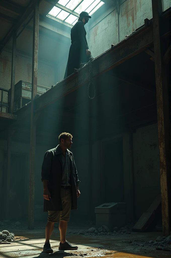 It's a warehouse. There are two floors. A man is tied to a support beam and his one leg is in shackel. He is looking up on the first floor where the floor is missing except for a iron slab and a woman wearing all black, a mask, a cap is crouched on the iron beam looking down at the man.