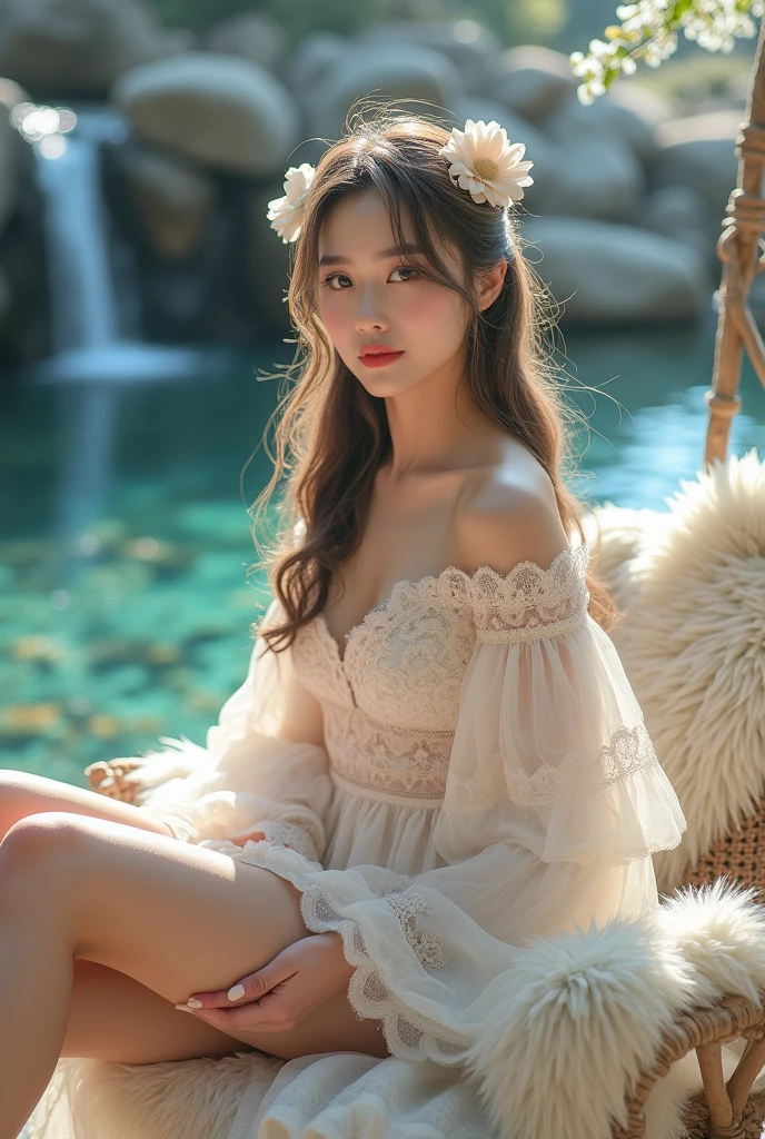 A high detailed ultra hd image of a very very beautiful model with bright pink lips and big blue eyes and a very charming smile. She is wearing a sheer eskimo dress and very charming makeup and very beautiful hair. She shows off her beautiful long white legs while sitting on an eskimo chair in a cute eskimo farm with a waterfall, a small fish pond, livestock, flower garden with beautiful and clear sunlight, masterpiece, super detailed portrait, great resolution.