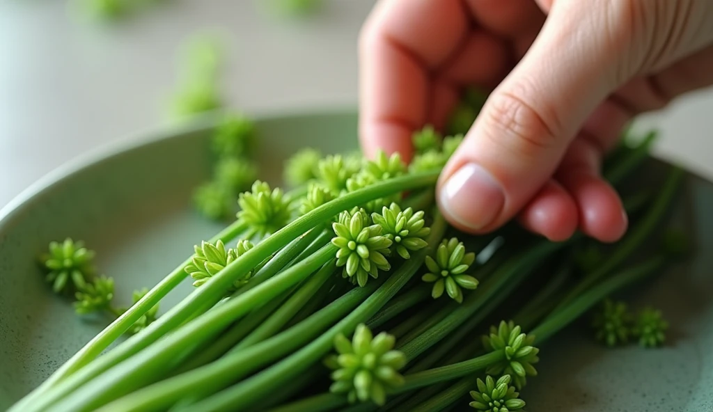 A hand picks chives with green flowers(best quality,4K,8k,High level,masterpiece:1.2),Ultra Detailed,(lifelike,Photo real,Photo real:1.37)