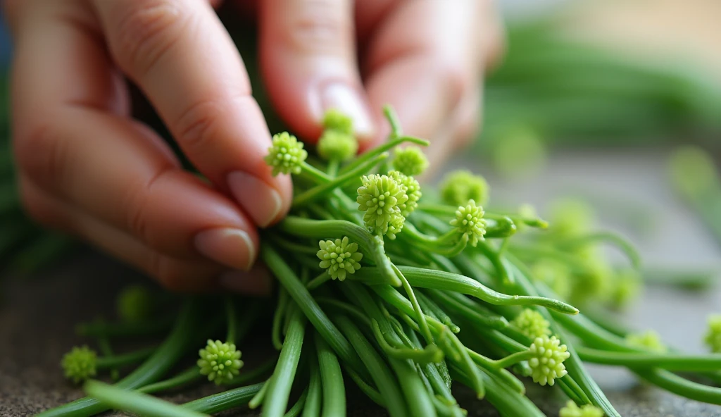 A hand picks chives with green flowers（best quality，4K，8k，High level，masterpiece：1.2），Ultra Detailed，（lifelike，Photo real，Photo real：1.37）