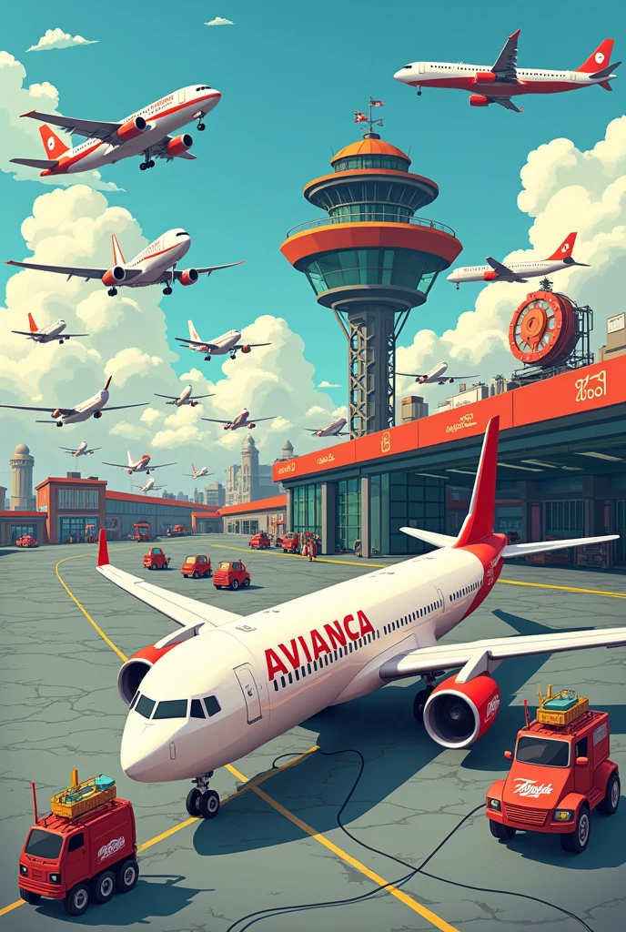 Cartoon of a white and red Avianca plane refueling at an air gas station and many planes waiting