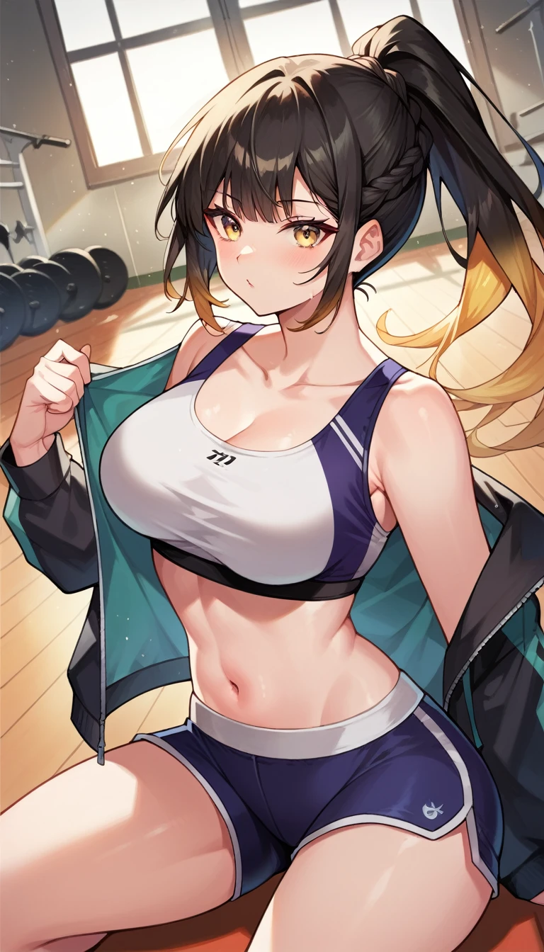 1 adult woman, alone, yellow eyes, ribbon, long hair, ponytail, black hair, large breasts, braid, gradient hair, black hair, black jacket open , white sport bra , black sexy dolphin shorts, medium breasts, dynamic posing, perfect anatomy, dynamic angle. perfect dynamic composition, background: gym fitness room.