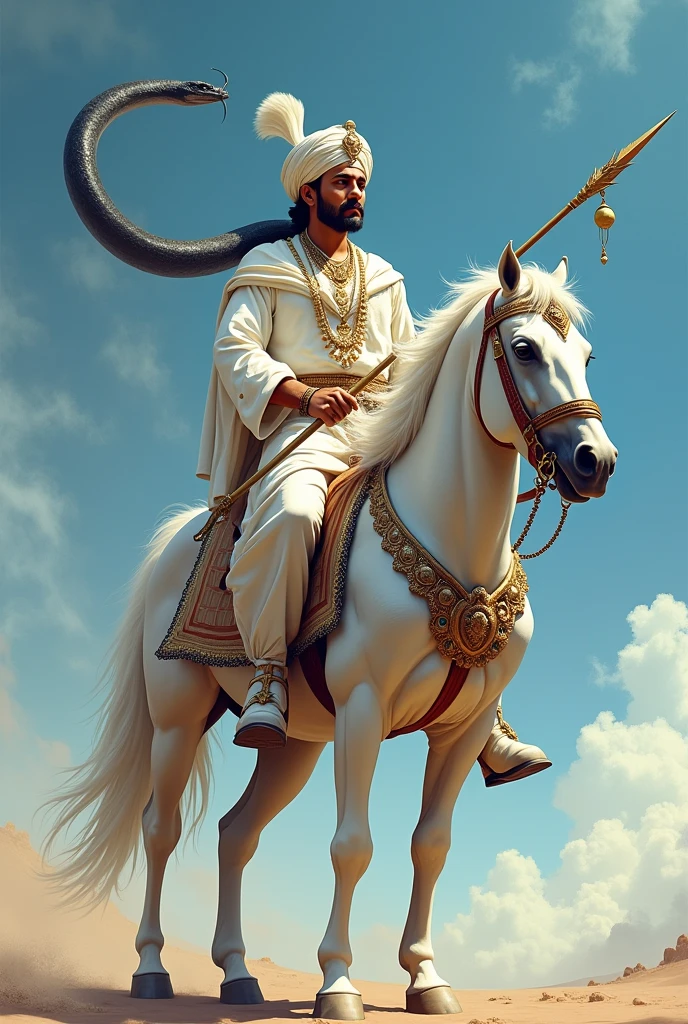 Create an image of Tejaji Maharaj with a traditional and decorative Rajasthani turban on his head. He should have a shining spear in his hand which is shiny and impressive. Tejaji Maharaj is wearing white clothes, which shows his royal dignity. They have white, shiny shoes on their feet. He should ride on a white horse, which shows his bravery and valor.He has only mustaches on his face, which shows his strength and courage. The background should have a blue sky, giving the picture an open and spacious perspective A black snake climbs up from Tejaji Maharaj's spear and bites Tejaji's mouth