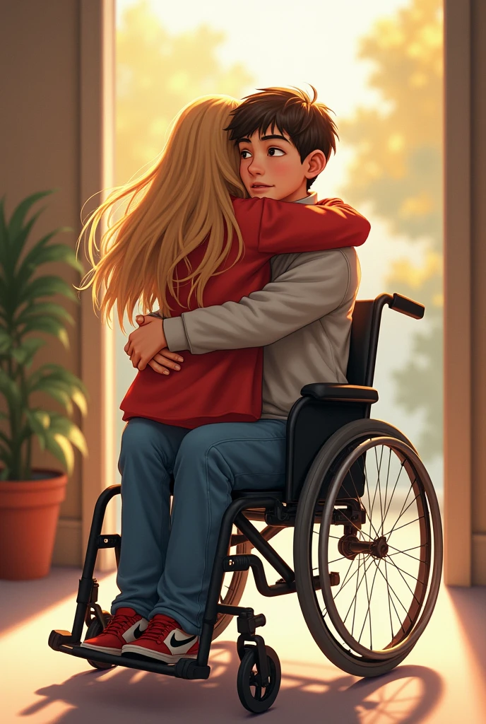 2 boy in wheelchair meets his girlfriend who had gone to the United States with a kiss that the girl looks blonde the boy who has Nike shoes now struggling to get up from the chair