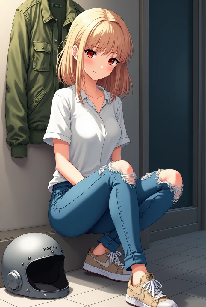 A beautiful Japanese anime girl with blonde hair and smooth pale skin with red eyes she has medium sized chest and wears a white shirt with blue ripped jeans and white Beige sneakers and had a green bomber jacket on with a grey us Air Force HGU-55 flight helmet beside her