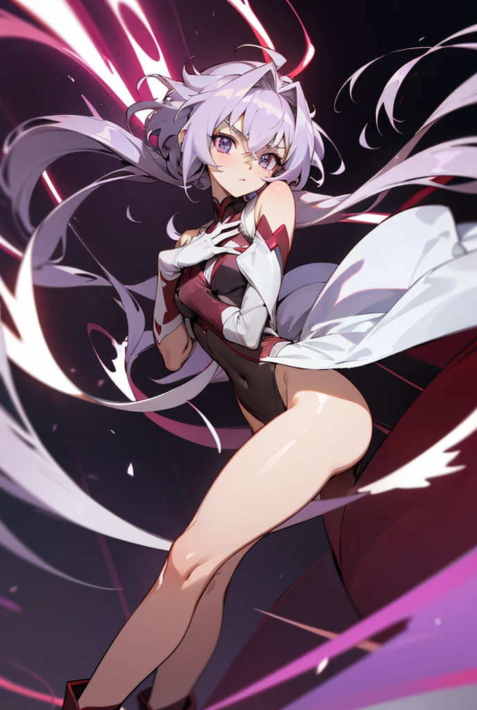 Gray (purple), Eyebrows are thin, Height is small, Big eyes, sixteen years old, Fair complexion, Large and developed chest, Glamorous, Very large chest, Young face, Legs are thin, Layered head cut, Bangs are there, Cute, Eyes are big, No cloth on the abdomen, Cartoon style, Chest is very developed, Chest is emphasized, Clothing fabric is thin, Thin abdominal muscle, Red, red, deep red, crimson are precious, Pale white, pale red, Curl inward toward the ends, Bangs are slightly long, parted on the left, Back hair, Hangs on the forehead. Curled inward toward the ends, slightly long bangs parted on the left, with back hair, hanging over the forehead, white boots, double back hair, one hundred cm chest, fifty seven cm around the waist, eighty five cm around the waist, eight k, highly saturated, abstract, bordered, hip-accentuated, , inguinal, arm-crossed, cris Yukine, SENKIZESSHOU SYMPHOGEAR.Leg spread、Groin、Hips、8k、独奏,One person, High resolution, Textured skin, Ultra high definition, Kick