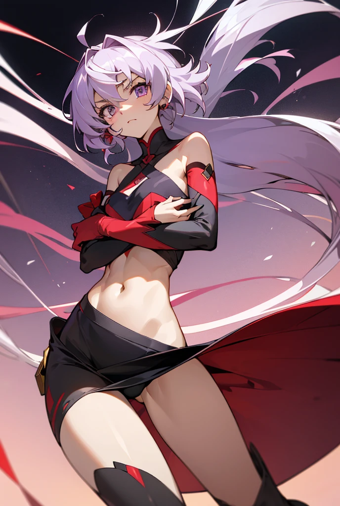 Gray (purple), Eyebrows are thin, Height is small, Big eyes, sixteen years old, Fair complexion, Large and developed chest, Glamorous, Very large chest, Young face, Legs are thin, Layered head cut, Bangs are there, Cute, Eyes are big, No cloth on the abdomen, Cartoon style, Chest is very developed, Chest is emphasized, Clothing fabric is thin, Thin abdominal muscle, Red, red, deep red, crimson are precious, Pale white, pale red, Curl inward toward the ends, Bangs are slightly long, parted on the left, Back hair, Hangs on the forehead. Curled inward toward the ends, slightly long bangs parted on the left, with back hair, hanging over the forehead, white boots, double back hair, one hundred cm chest, fifty seven cm around the waist, eighty five cm around the waist, eight k, highly saturated, abstract, bordered, hip-accentuated, , inguinal, arm-crossed, cris Yukine, SENKIZESSHOU SYMPHOGEAR.Leg spread、Groin、Hips、8k、独奏,One person, High resolution, Textured skin, Ultra high definition, Kick