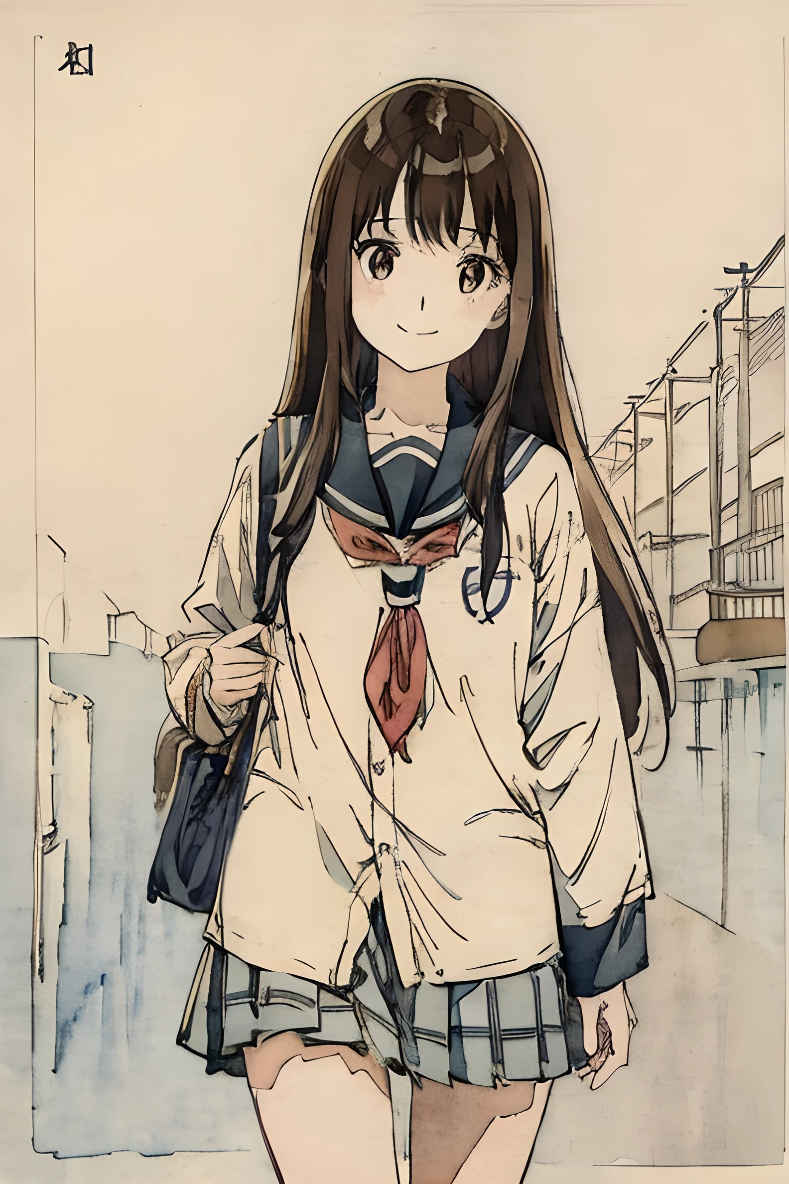school classrooms、Watercolor style、Pale colors、hand painted style,school classrooms、Watercolor style、Pale colors、hand painted style, cowboy shot、15yo student、Japanese high school girl、School route、wave her hand、Walking Girl 、frontage、high-school uniform、A smile、frontage、((The upper part of the body))、Brown hair、Semi-long hair 、Japanese high school girl、School route、Holding a bag、Walking Girl 、frontage、high-school uniform、A smile、frontage、((The upper part of the body))、Brown hair、semi long hair、