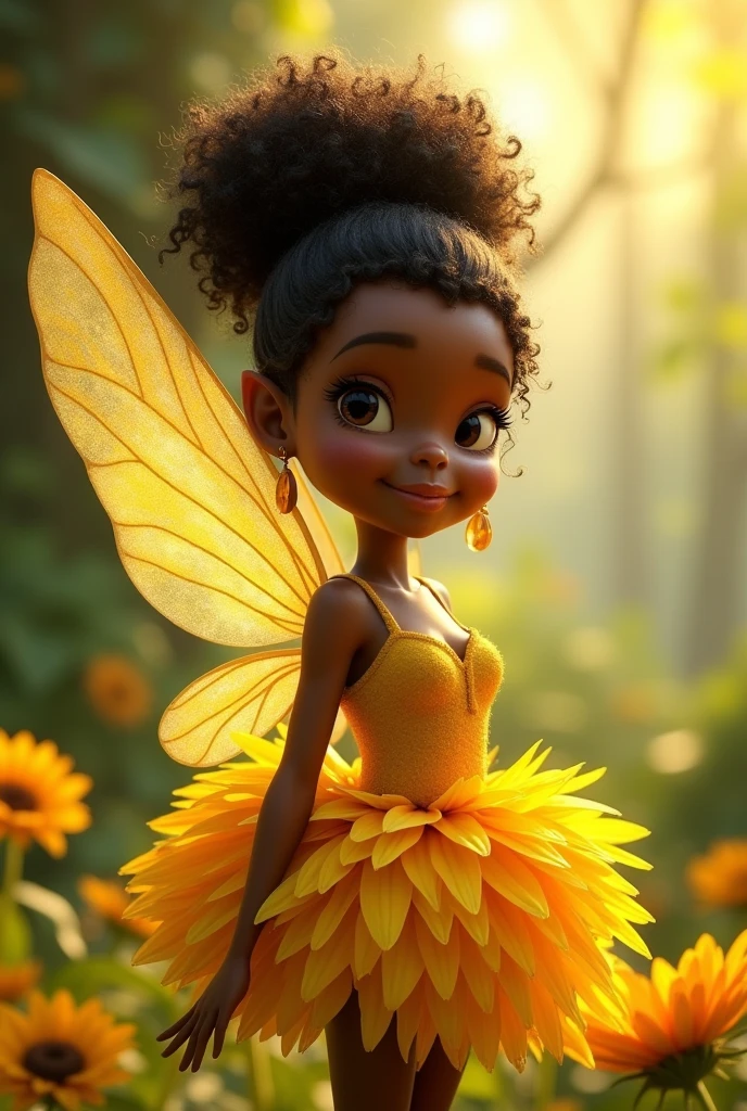 pixar image, Irinessa, Tinkerbell&#39;s friend, a black fairy , with curly hair and completely tied up ,dressed in a yellow sunflower flower.