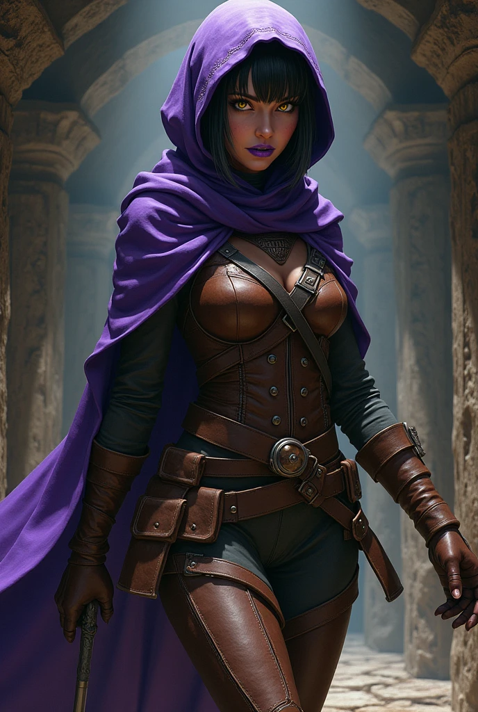A female ranger wearing brown leathers with a purple hood, detailed yellow eyes, purple lipstick, short  black hair swept back and tied back. She has an intense dangerous expression and smile. Show her walking through a dark dungeon, full body shot. pov from the side.