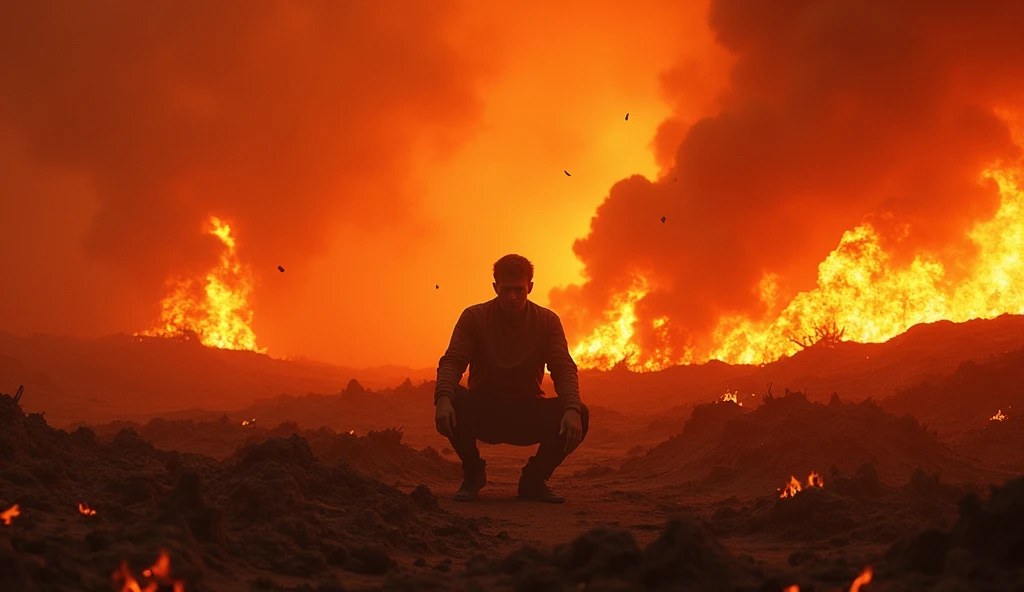 horror,man with severed hands and feet in the barren desert ,the atmosphere is quiet, the red smoke is burning,there was a fire burning behind him.