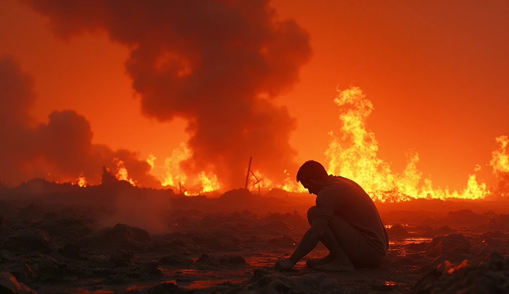 Create an image in which a person is standing inside fire hell now make the person faint and run away