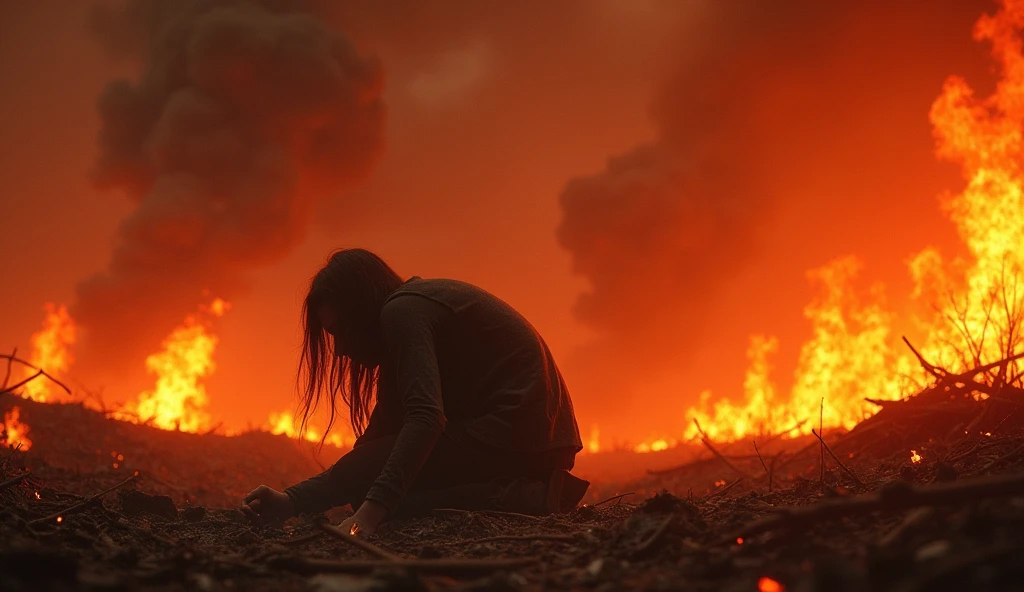 Create an image in which a person is standing inside fire hell now make the person faint and run away