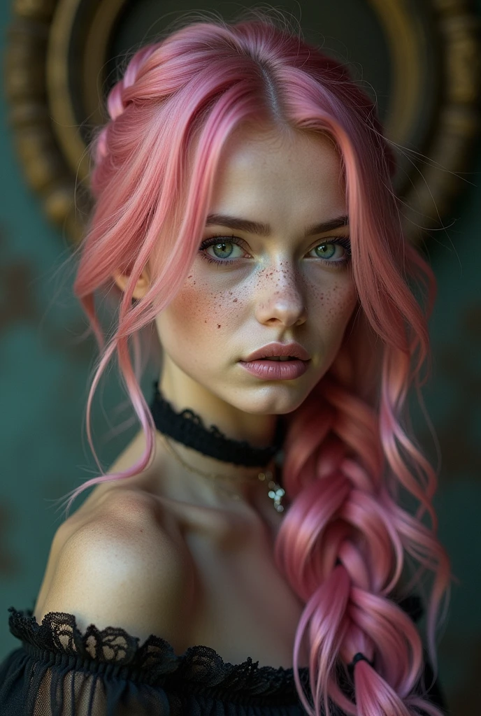 (Realisttic:1.2), analog photo style, Beautiful young woman, posing, with freckles and long pink hair braided, (steampunk dark fantasy atmosphere), soft natural light, cute and sexy, great quality, Masterpiece, detailed strange background, better performance, 16k quality, RAW photo