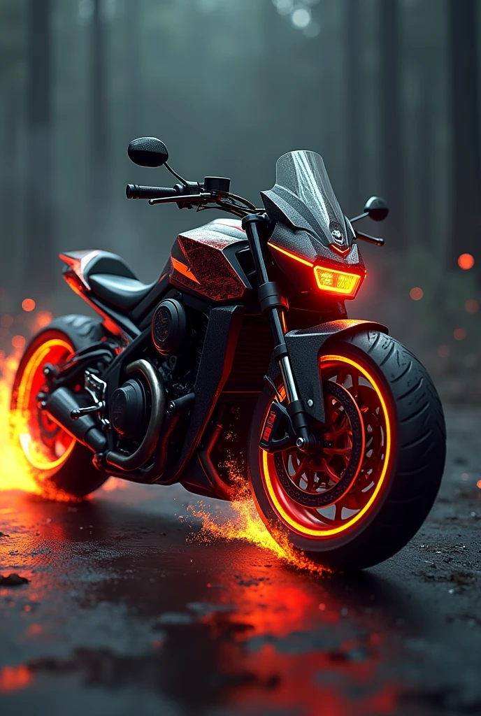 A dark motorcycle with red and gold details, aggressive design with stylized flames and an ominous engine roar.