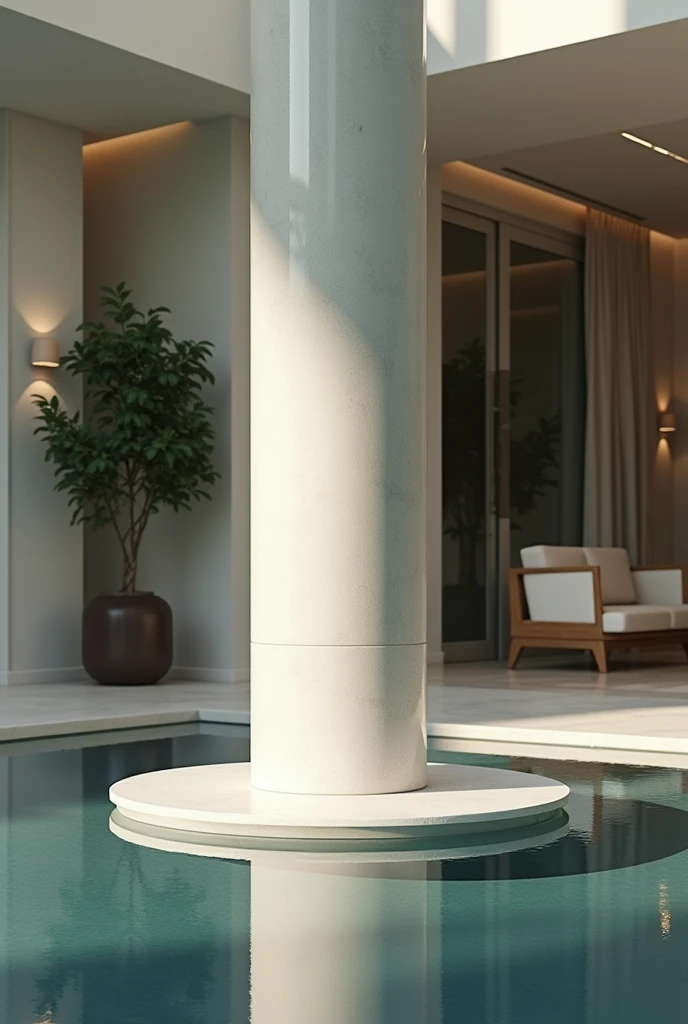 Water mirror surrounding a column in a house