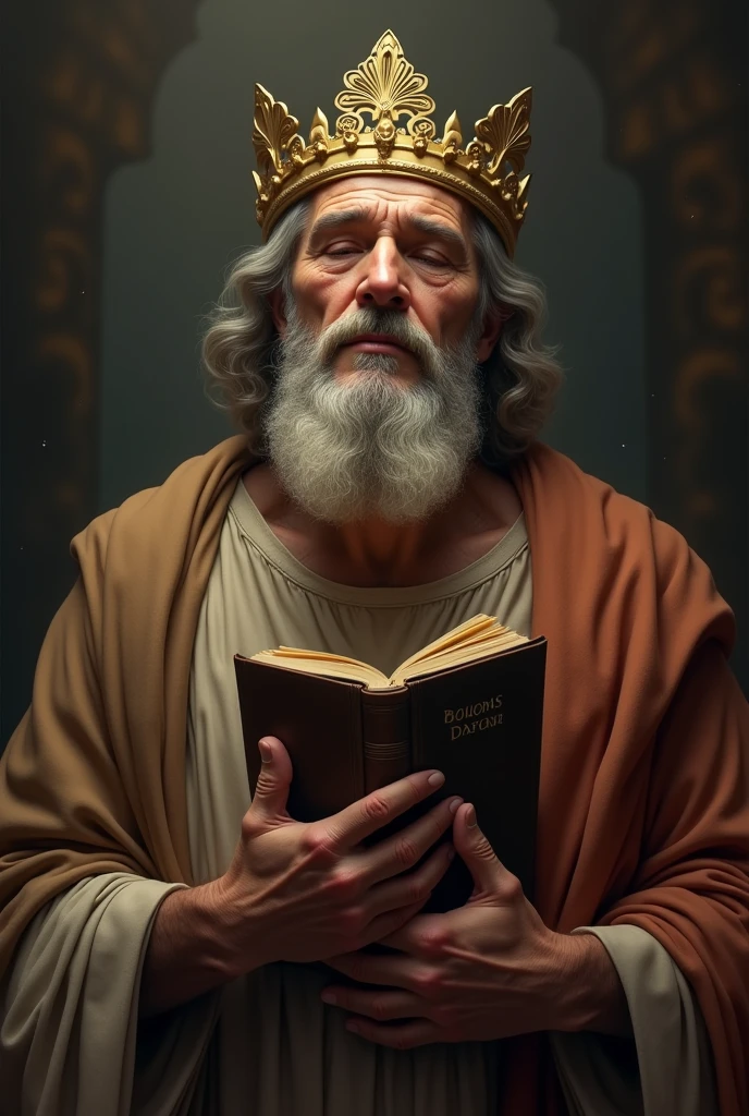 A drawing of a man hugging a bible and with a crown on his head.