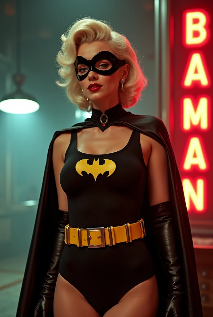 Screengrab of 1950's Super Panavision 70 movie. Ultra quality Retro in color, Marilyn Monroe in BatGirl Dress. The text "Batman" is prominently displayed on the right side in bold, stylized font, resembling the logo from the popular video Movie franchise. The overall vibe suggests a cinematic or retro aesthetic with an action-oriented theme.