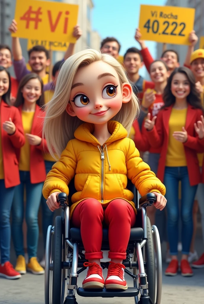 Caricature photo of a young white woman with brown eyes wearing red and yellow clothes and fair hair in a wheelchair with a crowd of able-bodied and disabled people dressed in yellow and red behind her holding signs with the name Vi Rocha 40.222