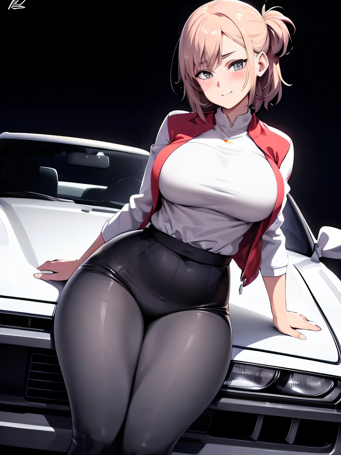 masterpiece, best quality, ultra-detailed, illustrator,1girl, Short straight hair, Wearing a white top, Red and white racer jacket, Short black sport pants, white shoes, blush, big breasts, Big thigh, Look to the Lower, simple background, solo, very sexy, shy expression, cute, white background, Smiling cute, Facing sideways pose sitting on the hood of a car, Nissan skyline r34