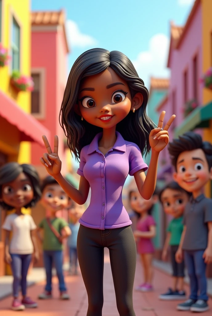 Create a 3D cartoon-style image featuring 7 distinct characters, each with unique physical traits and outfits.
Character 4**: A 3 woman with an oval face, hair strange slim build, and a mole next to her right nostril. She has a darker complexion and is wearing a purple collared shirt and black pants. She is standing casually with a peace sign.