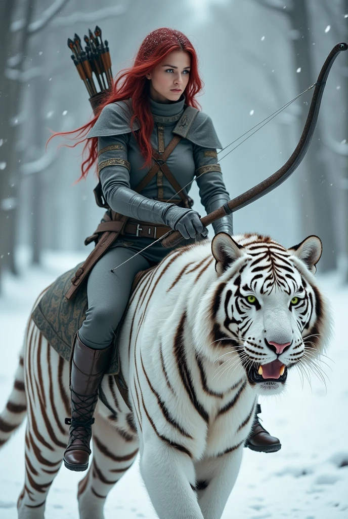 Woman with dark red hair, green eyes with yellow, wearing gray fighting gear, in a snowy white forest, on top of a white tiger and holding a bow and arrow