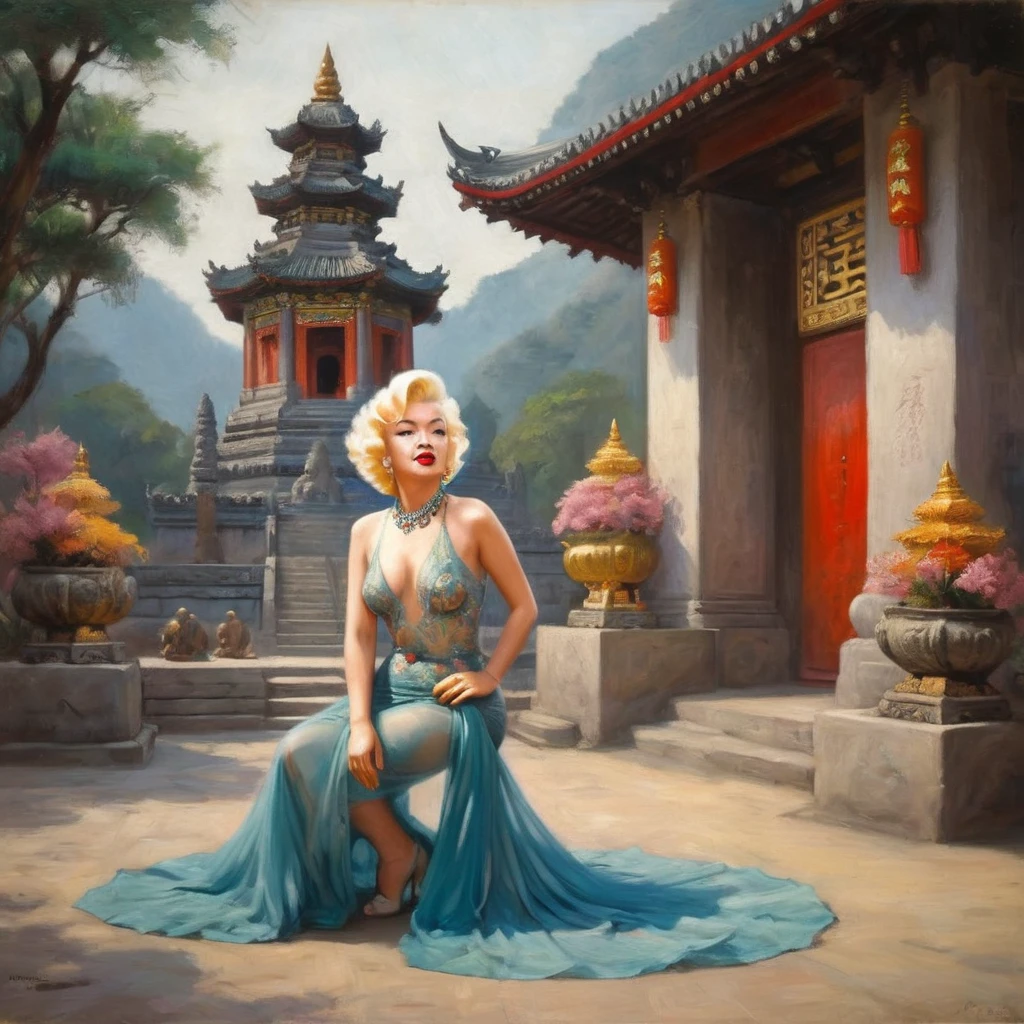 Marilyn Monroe (sheer elegant Asian gown colorful with intricate embroidery, no underwear), kneeling in prayer before a giant Buddha Statue, ancient temple, a lovely intricate offering of a flower necklace conceals the Buddha's breasts
