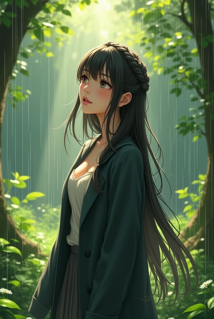 , (beautiful girl: 1.3),1 girl,work of art, highest quallity, ultra-high resolution,rich contrast,super high quality,8k,Highly Detailed CG Unity Wallpaper,texture,Incredibly Absurd,ultra-high resolution,RAW Photos,depth of field 1.2,neglect,(magnificent panorama view:1.3),(high school uniform&pleatedskirt:1.5),Bblack hair,crown braid,ultra-detailed eyes,(sensuous),shining skin,moccasins,leaves dripping with rain,sunlight through the trees,after-rain aroma,Her coat is open and her breasts are exposed,blush,sigh,I look up,(((humida))),((breasts big)),after the rain,Drawing pencil