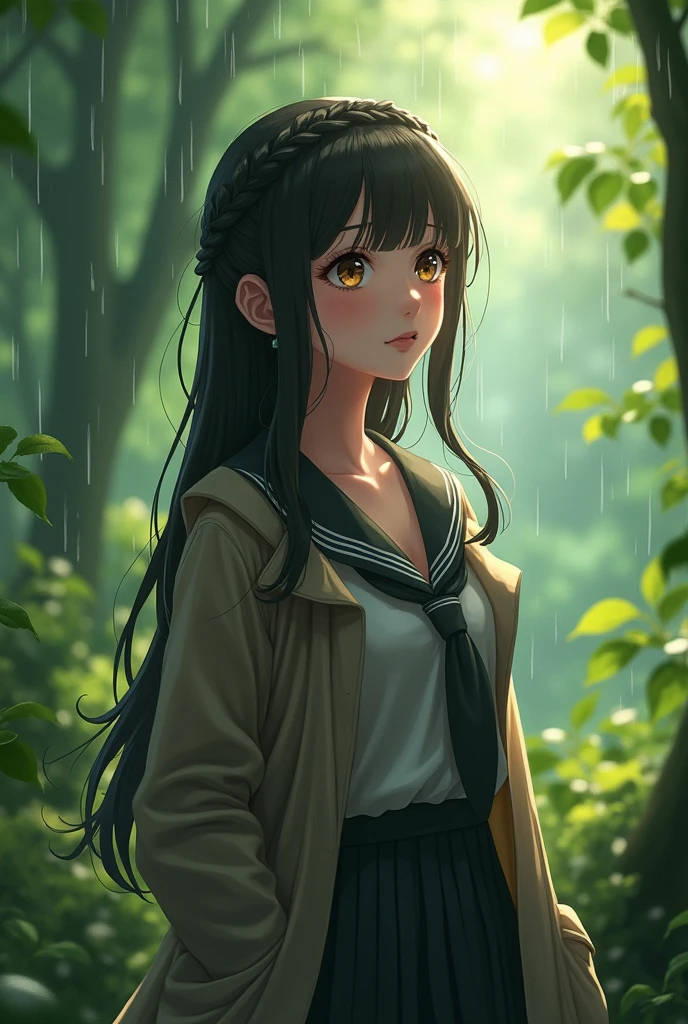 , (beautiful girl: 1.3),1 girl,work of art, highest quallity, ultra-high resolution,rich contrast,super high quality,8k,Highly Detailed CG Unity Wallpaper,texture,Incredibly Absurd,ultra-high resolution,RAW Photos,depth of field 1.2,neglect,(magnificent panorama view:1.3),(high school uniform&pleatedskirt:1.5),Bblack hair,crown braid,ultra-detailed eyes,(sensuous),shining skin,moccasins,leaves dripping with rain,sunlight through the trees,after-rain aroma,Her coat is open and her breasts are exposed,blush,sigh,I look up,(((humida))),((breasts big)),after the rain,Drawing pencil