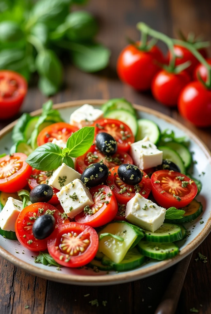 Create an image of this recipe: Enshallada de Tomate, Cucumber and Feta Cheese Ingredients:
- Tomato: 200 g - Cucumber: 150 g - Feta cheese: 50 g - Black olives: 30 g - Olive oil: 15 ml - Red wine vinegar: 10 ml
- Sal: 5 g - Pepper: 2 g - Dried oregano: 5 g Preparation:
1. Lava y corta el tomate y cucumbers en cubos pequeños. Crumble the feta cheese.
2. In a large bowl, mix the tomato, cucumbers, Feta cheese and olives.
3. In a small container, Combine the olive oil, VINEGAR, shall, pepper and oregano.
4. Vierte el aderezo sobre la enshallada y mezcla bien.
5. Serve cold or at room temperature.