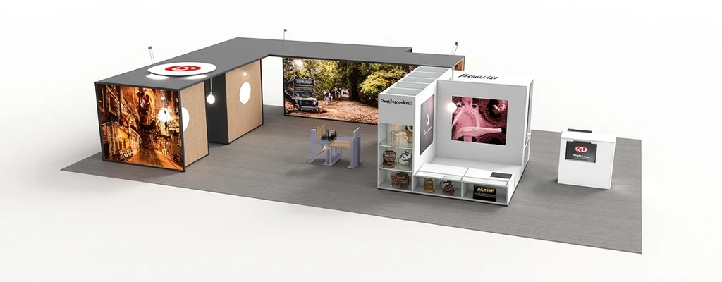 Design an exhibition stand that follows the pattern of the image but with several options