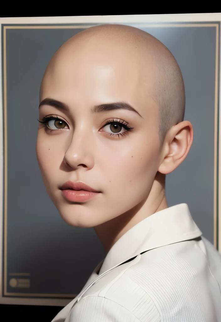 Passport picture, facing front, sensual face, looking forward, maintains eye contact with the viewer, smooth perfect skin, dark eyeliner, full face visible, High quality, portrait, passport style picture, official document photograph, bald beauty, bald is beautiful, no hair, headshot, government photo, id photo, standing straight looking at camera,