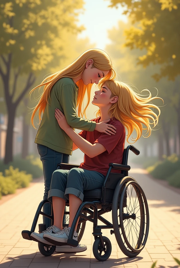 2 boy in wheelchair meets his girlfriend who had gone to the United States with a kiss that the girl looks blonde the boy who has Nike shoes now struggling to get up from the chair standing up
