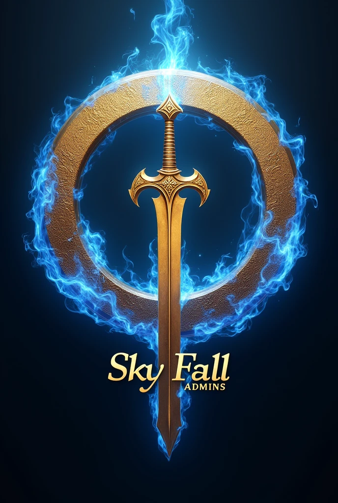 A golden circle with blue fire with. A sword in the middle that says sky fall admins below the circle and is gold with a dark blue background