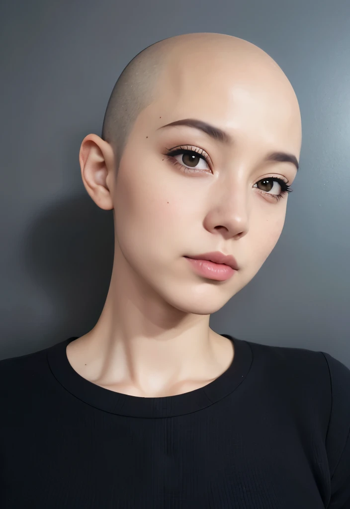 Passport picture, facing front, sensual face, looking forward, maintains eye contact with the viewer, smooth  perfect skin, dark eyeliner,  full face visible, High quality, portrait,  passport style picture, official document photograph, bald beauty, bald is beautiful, no hair, headshot, government photo, id photo, standing straight looking at camera, 