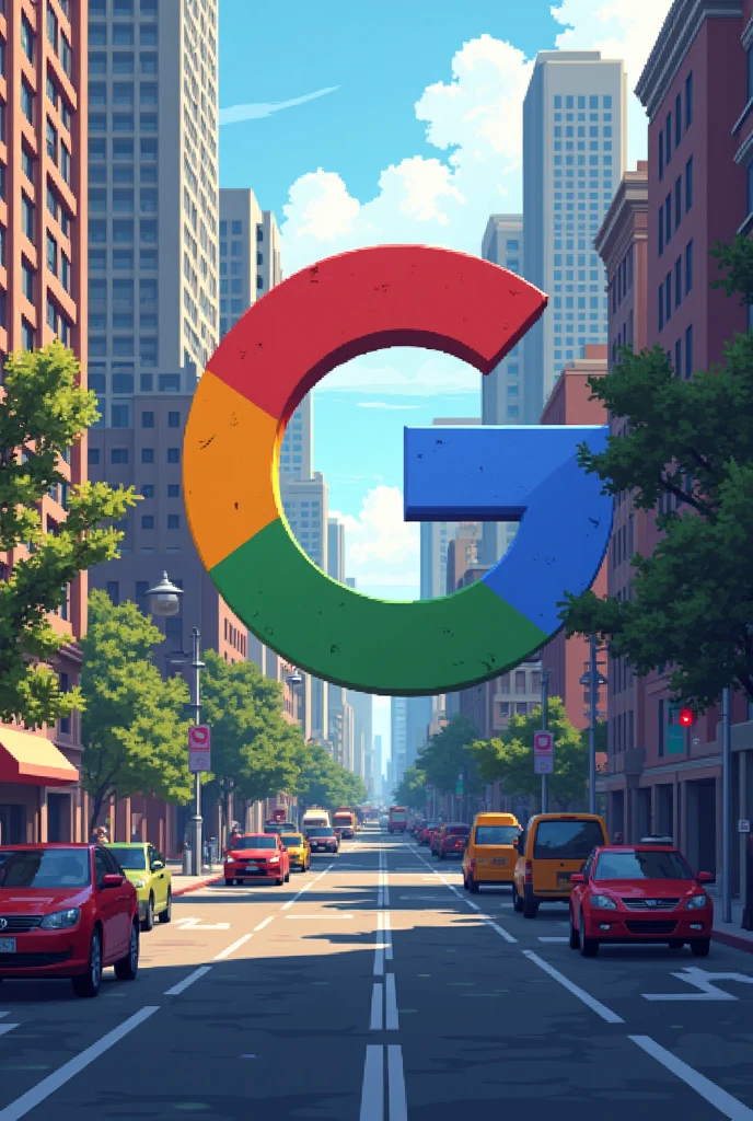 Google logo in the middle of the city all done in pixel model